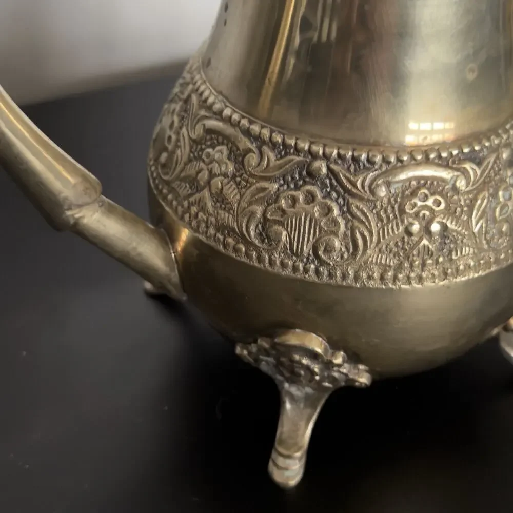 Vintage Ornate Brass Coffee Tea Pot Footed Floral Embossed Decorative Ewer